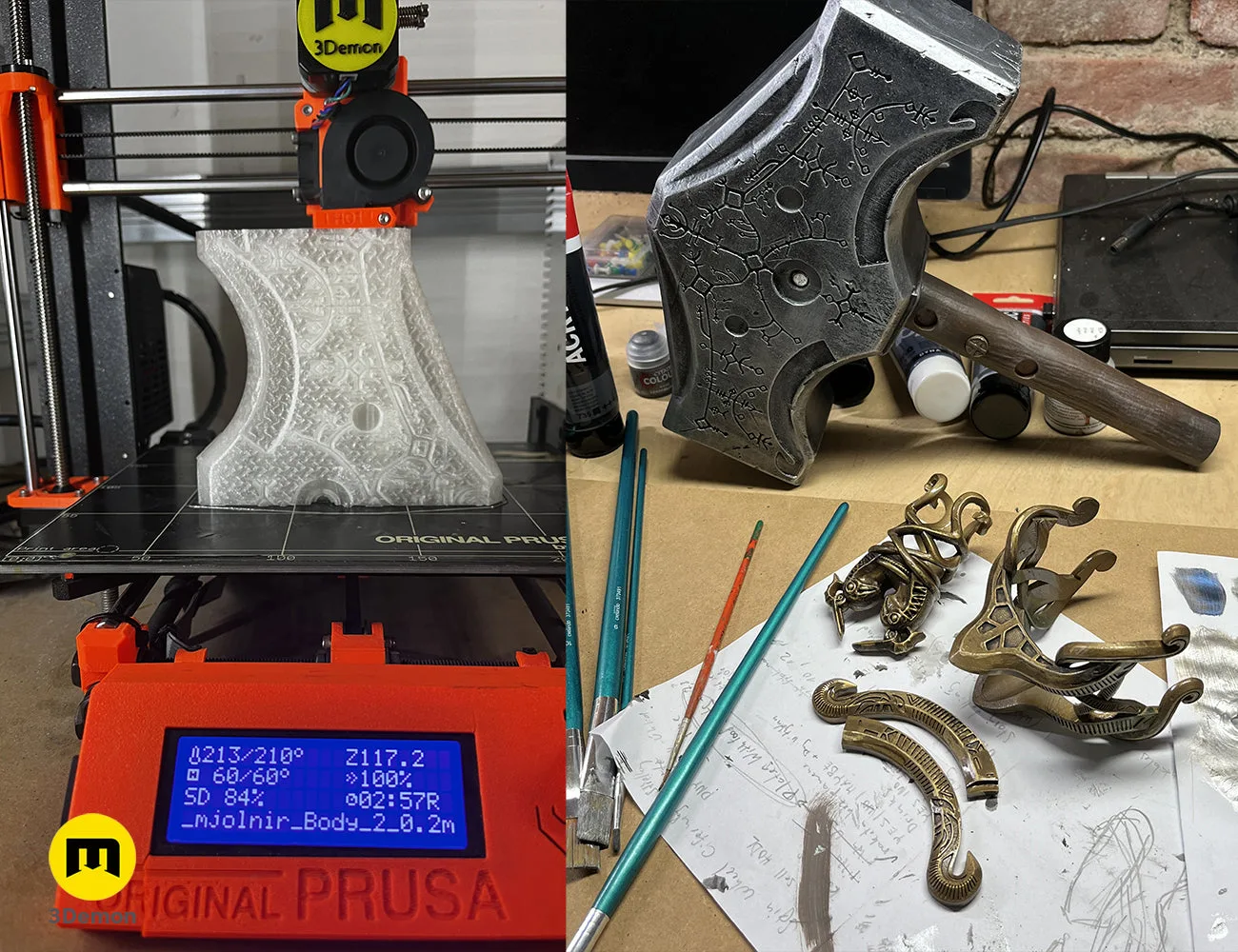 Disassembled parts of Mjolnir - God of War Ragnarok 3D print, 3 pronged hammer and grip pieces.
