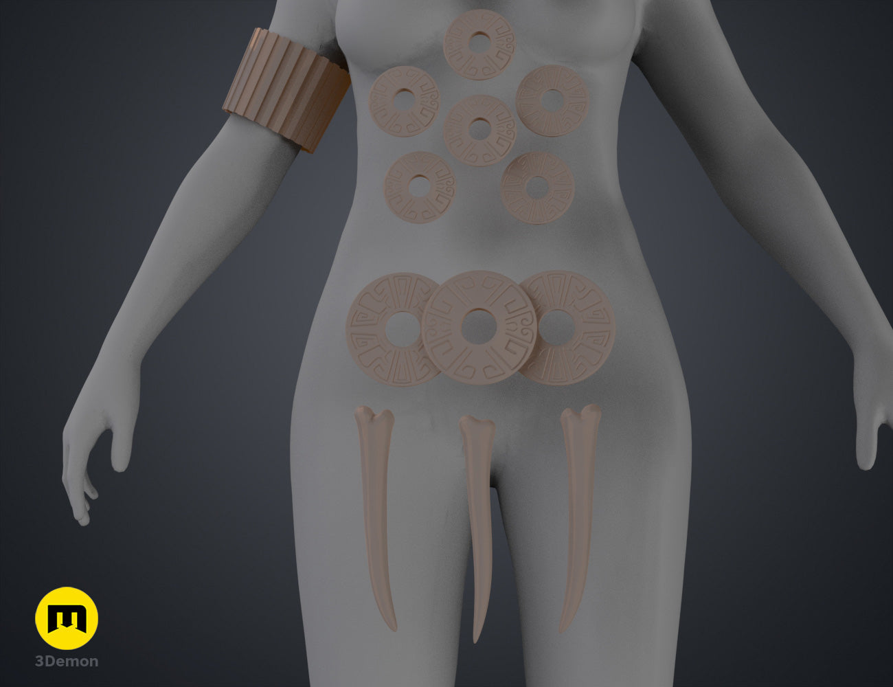 Digital 3D render of Namora Armor - Wakanda Forever STL, 3-pronged claws, 8 circular plates, brown & grey.