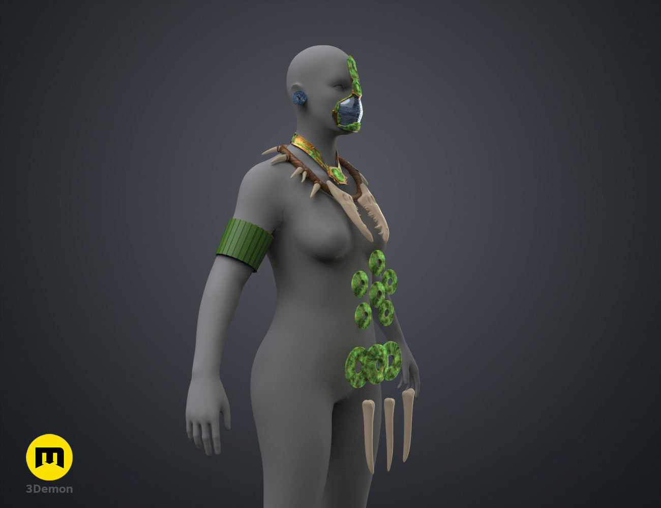 Digital 3D render of Namora Armor - Wakanda Forever, green accents, shoulder spikes, 3D print cosplay prop.