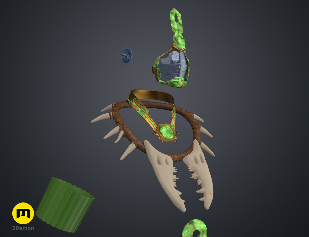 Textured 3D render of Namora Armor - Wakanda Forever, green/gold 3D printed claw gauntlet with spikes.