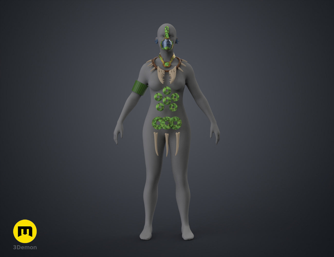 Digital 3D render of Namora Armor - Wakanda Forever, green chest plates, shoulder spikes, 3D print cosplay prop.
