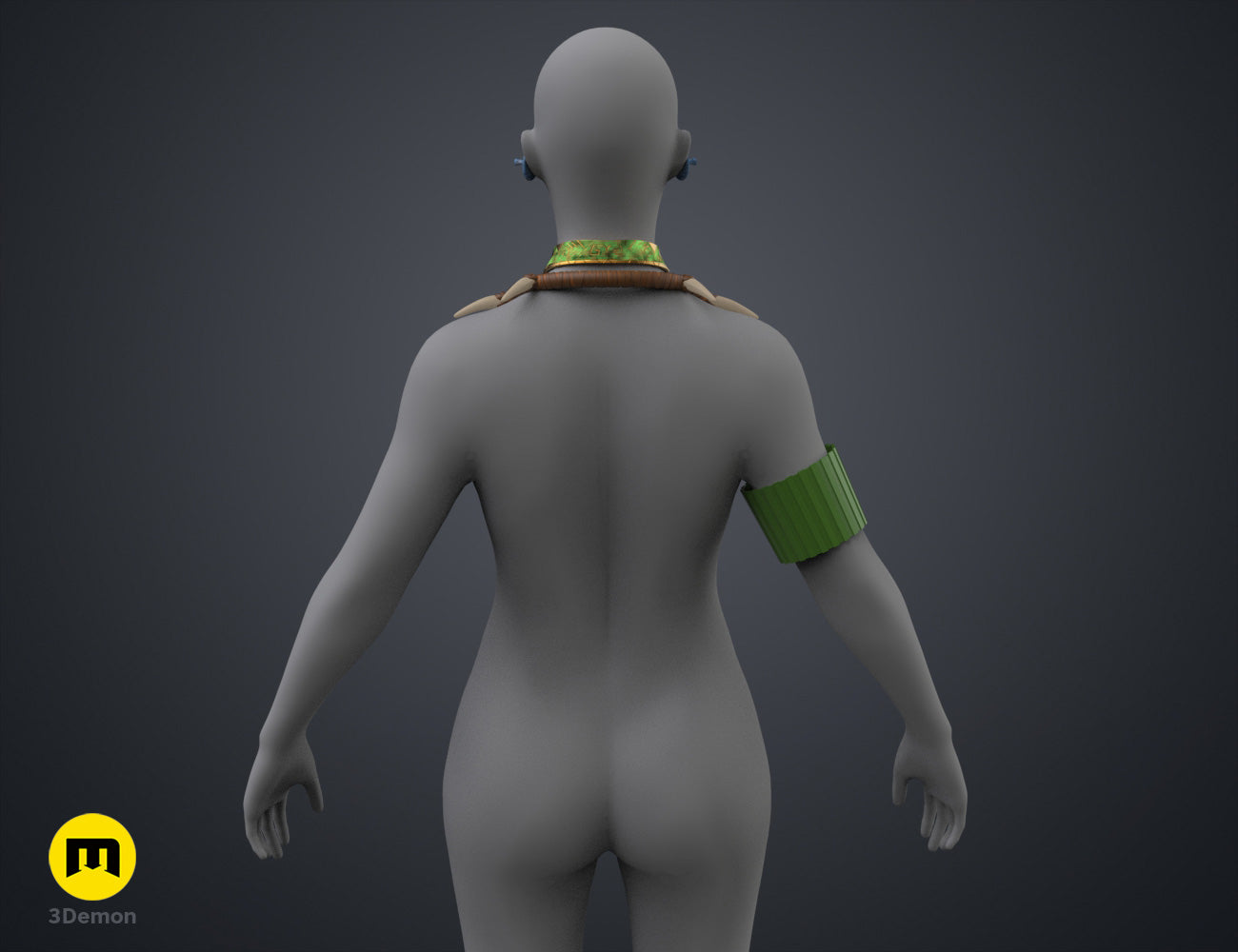 Digital 3D render of Namora Armor - Wakanda Forever, green shoulder straps, sleek 3D print cosplay prop.