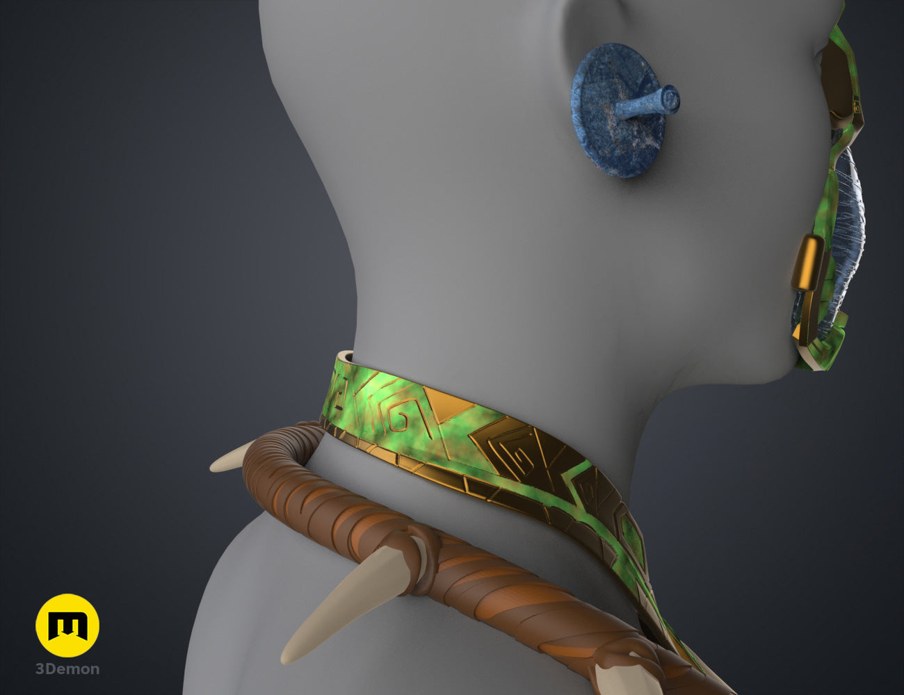 Textured 3D render of Namora Armor - Wakanda Forever, green/gold belt with dual brown prongs, 3D printed cosplay prop.