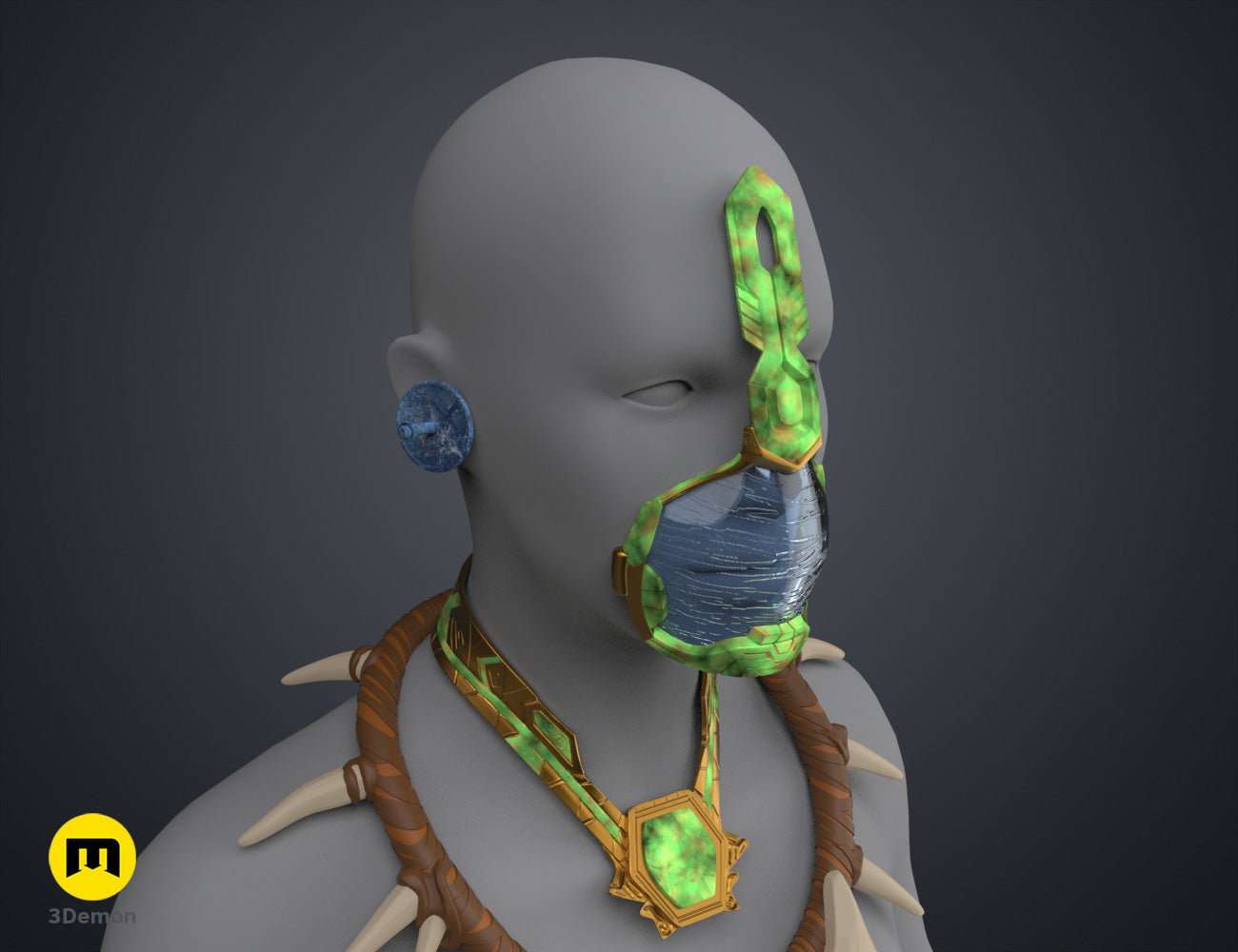 Textured 3D render of Namora Armor - Wakanda Forever, green/gold Wakandan cosplay prop with mask, spikes, and necklace.