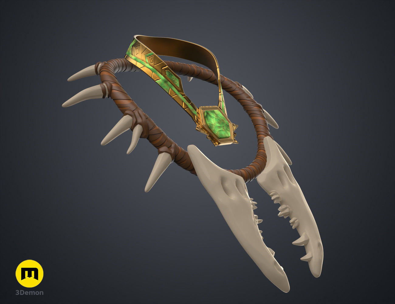 Textured 3D render of Namora Armor - Wakanda Forever, 3-pronged claw with green gem, brown leather straps.