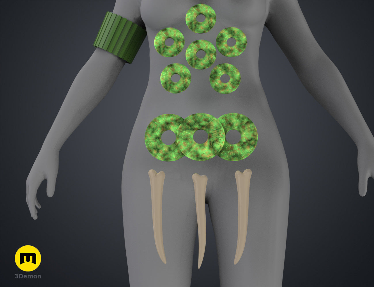 Textured 3D render of Namora Armor - Wakanda Forever, green segmented plates, 3D printed cosplay prop.