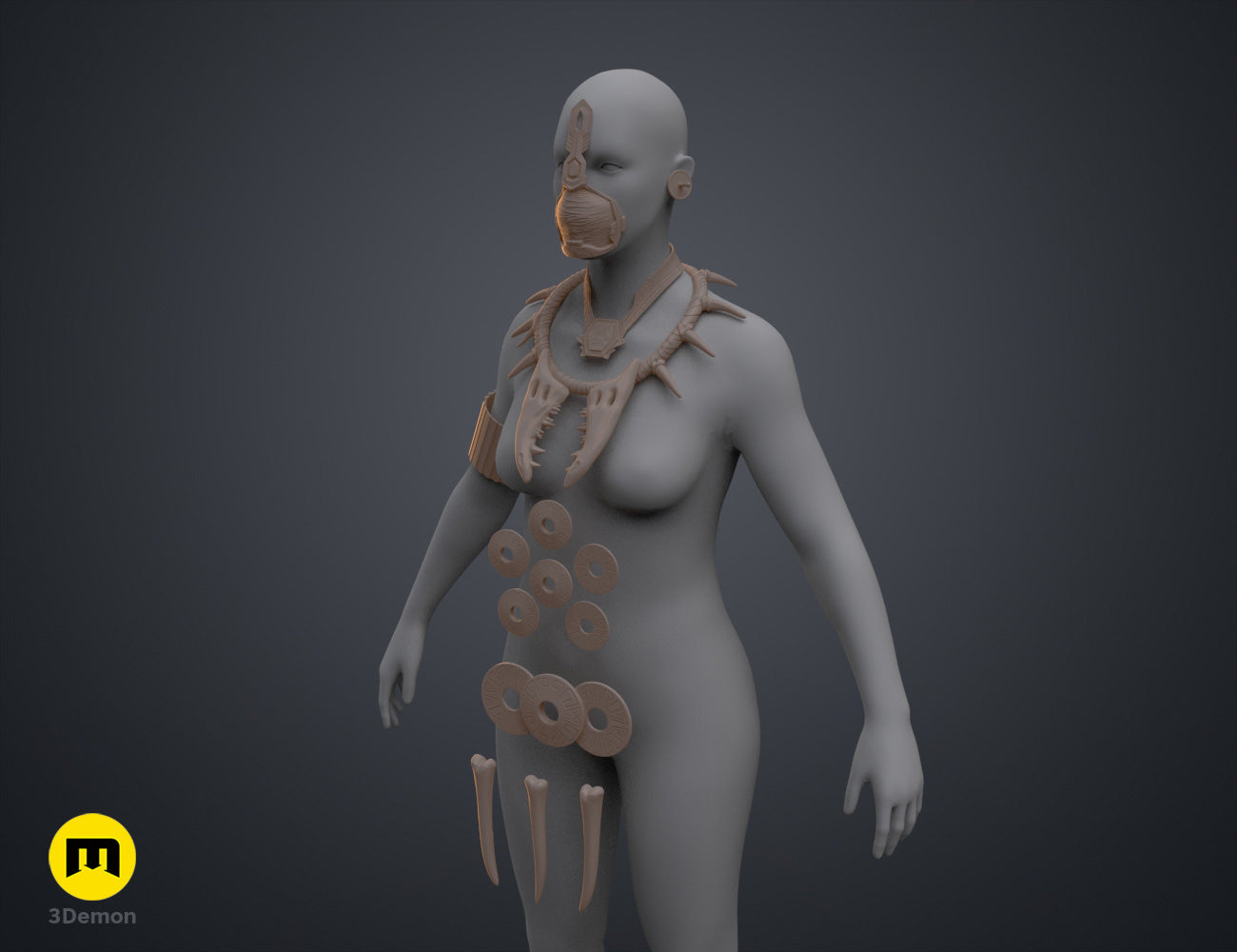 Digital 3D render of Namora Armor - Wakanda Forever, textured brown chest plate with 10 circular discs.