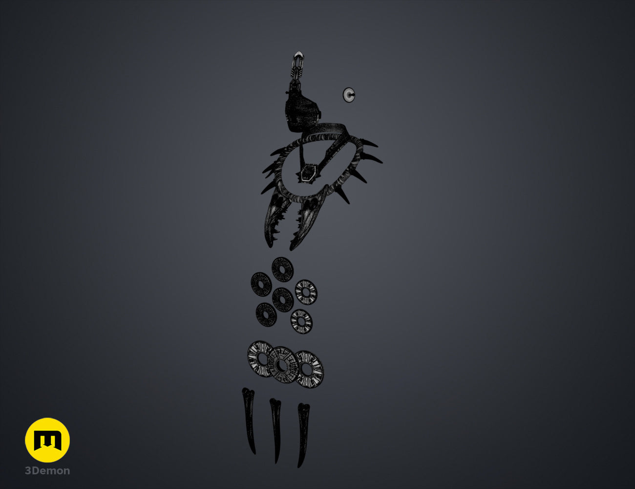 Disassembled parts of Namora Armor - Wakanda Forever, 3D printed spiked shoulder armor and rings.