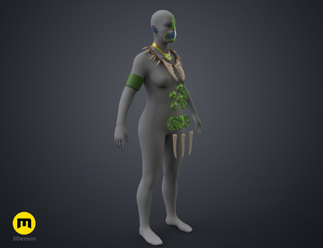 Printable 3D model of Namora Armor - Wakanda Forever, grey textured cosplay prop with green accents, shoulder spikes,...