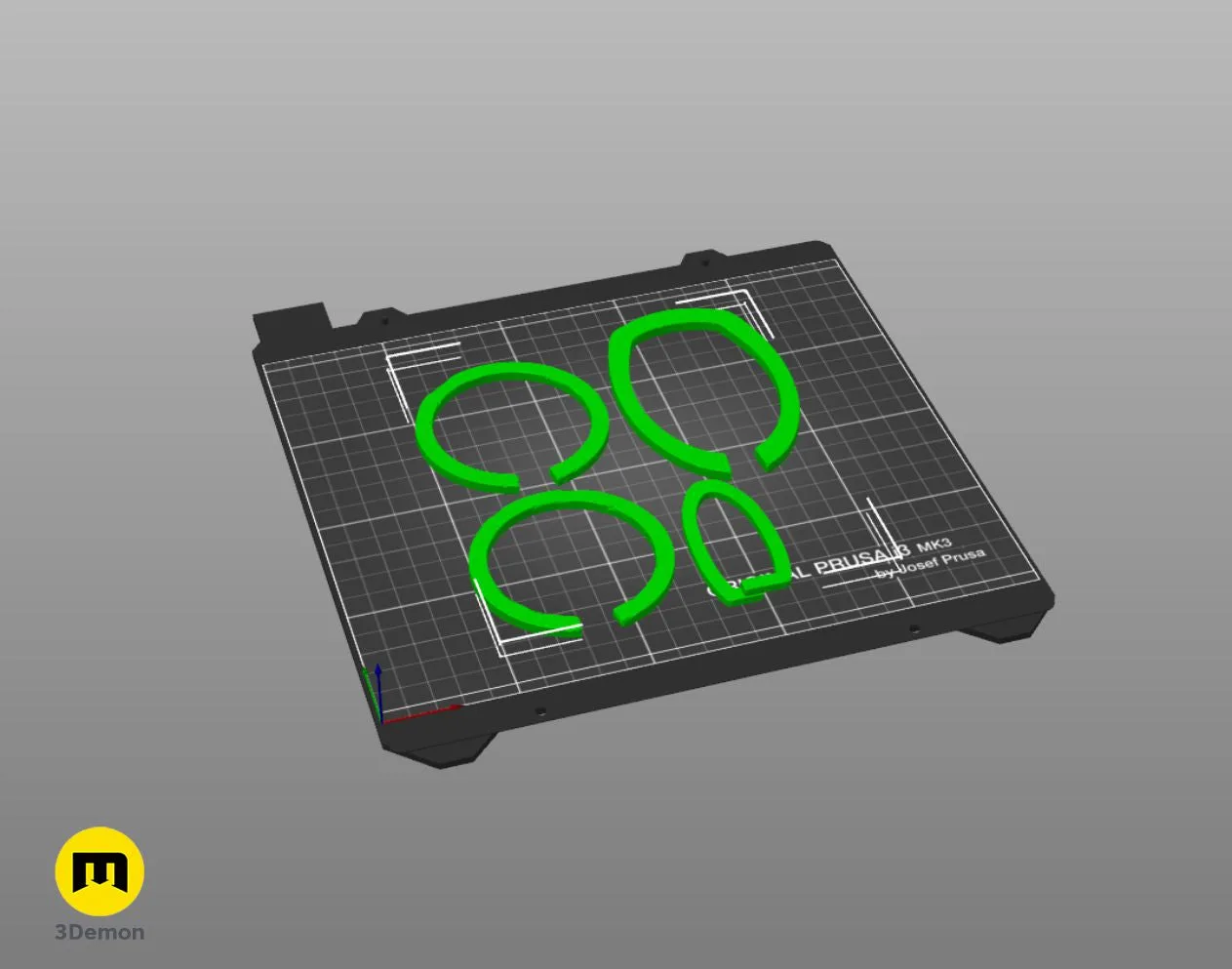 Slicer screenshot of Mjolnir - God of War Ragnarok STL, four green circles on Prusa print bed.