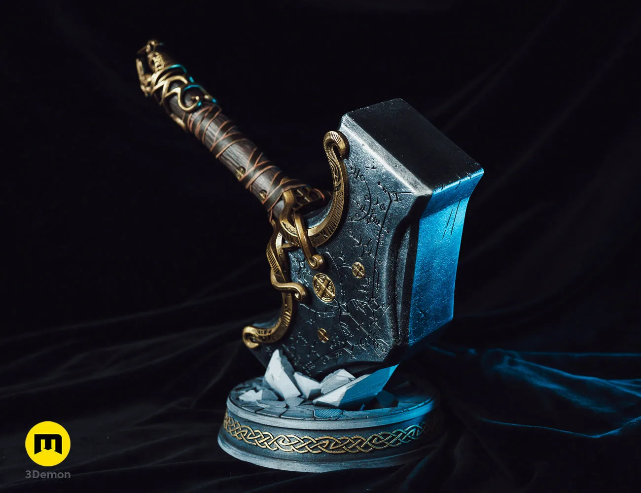 Textured 3D render of Mjolnir God of War Ragnarok STL, black/gold hammer with chain handle, printable cosplay prop.