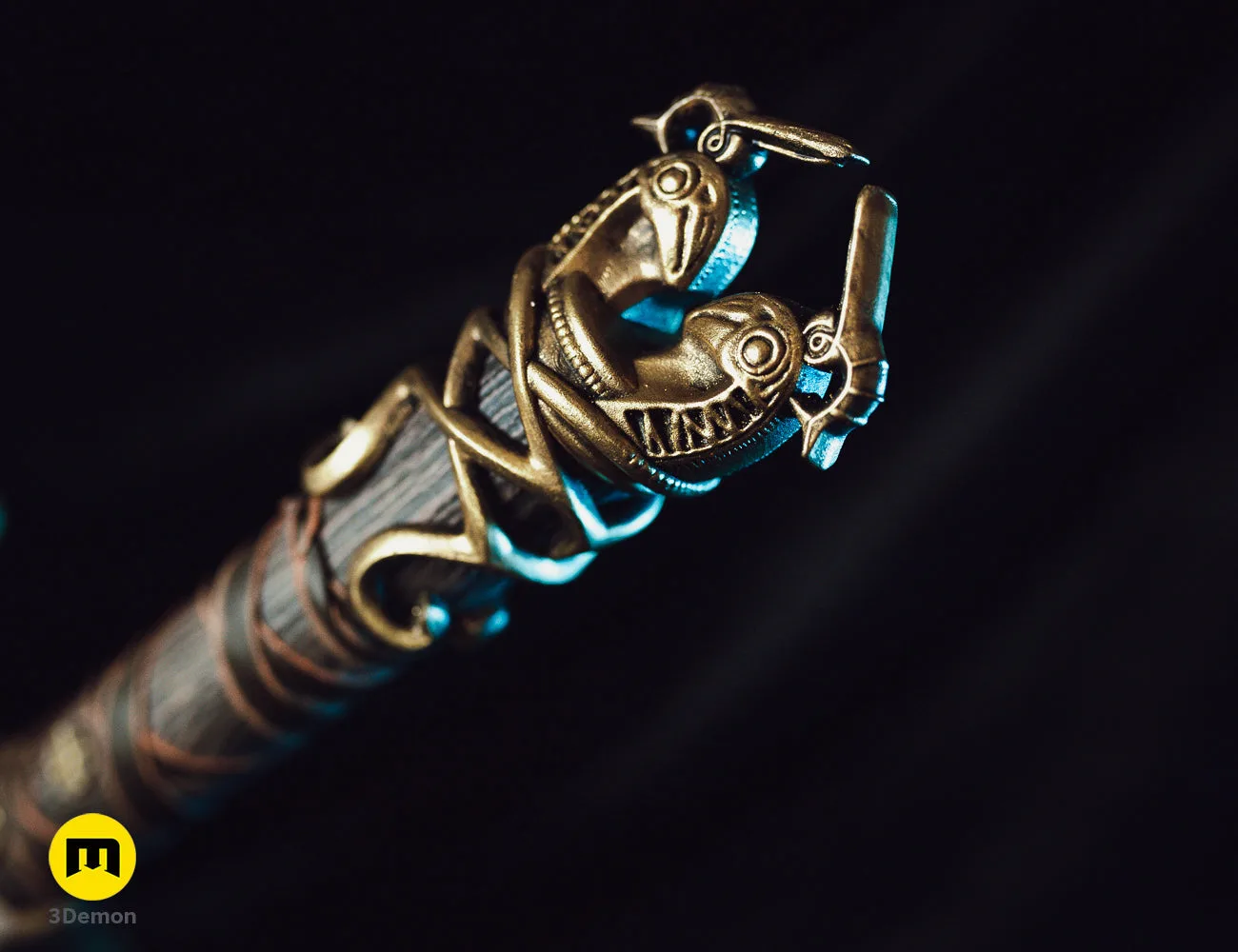 Textured 3D render of Mjolnir God of War Ragnarok STL, golden hammer with two-pronged head, 3D print.