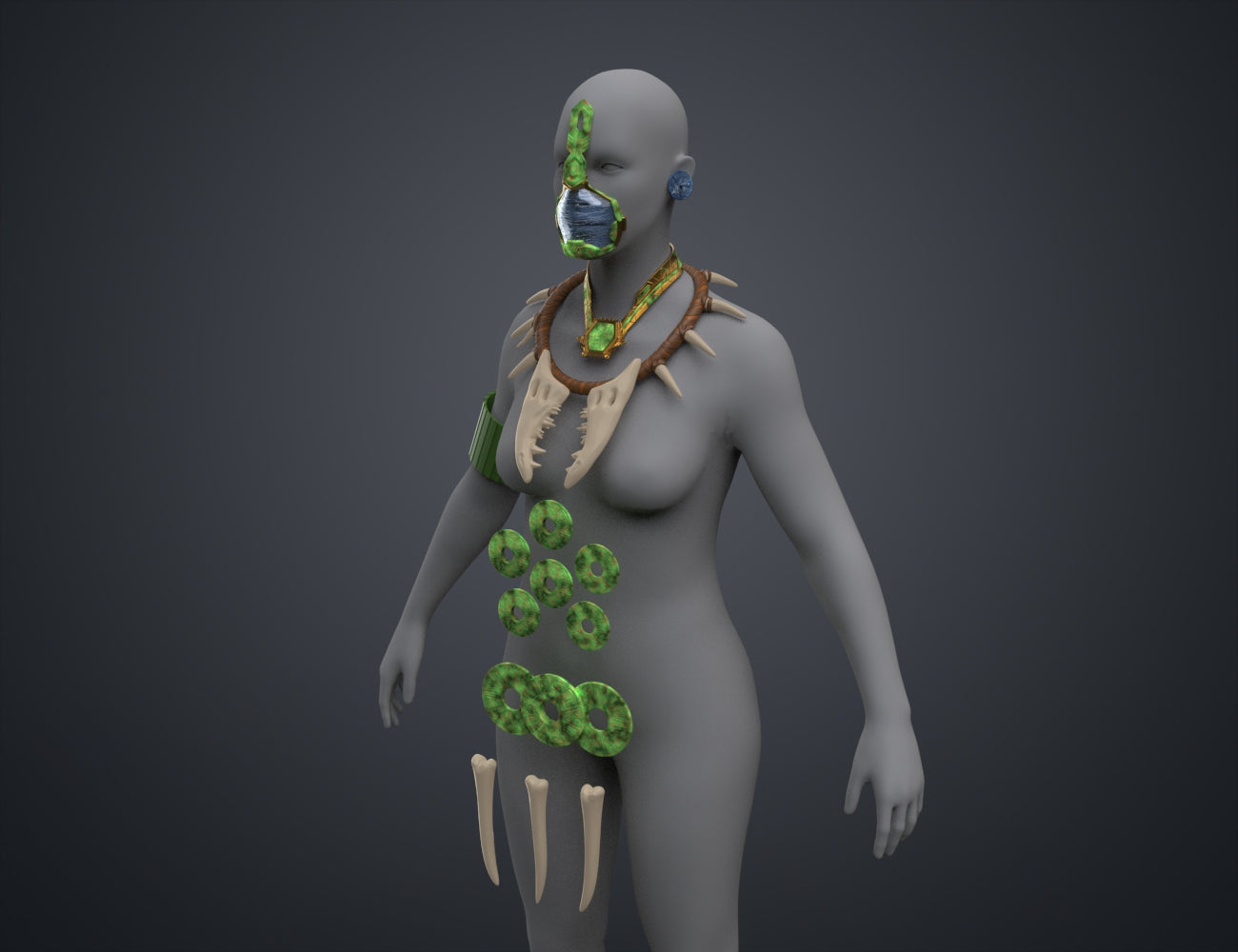 Textured 3D render of Namora Armor - Wakanda Forever, green gem accents, bone spikes, 3D print cosplay prop.