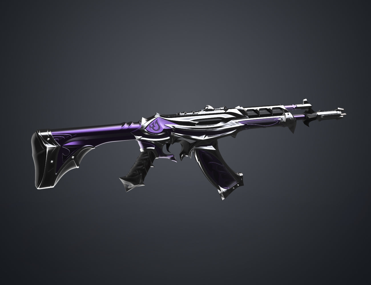 Textured 3D render of Reaver Vandal - Valorant, purple-black futuristic assault rifle, 120-character limit.