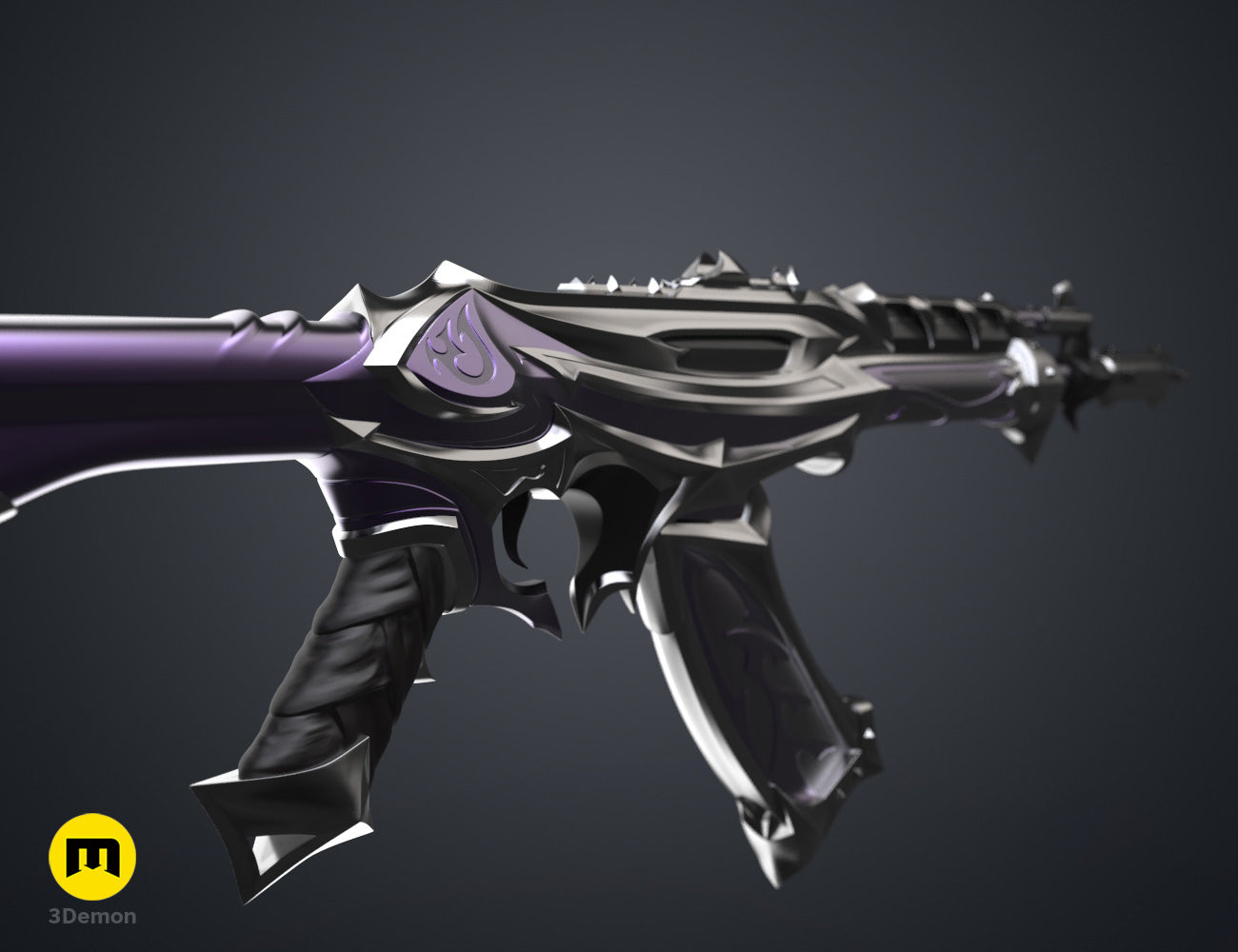 Textured 3D render of Reaver Vandal - Valorant, dual-pronged black/purple 3D printed cosplay prop.