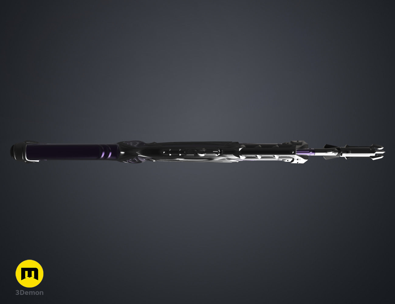 Digital 3D render of Reaver Vandal - Valorant STL, black futuristic gun with purple accents.