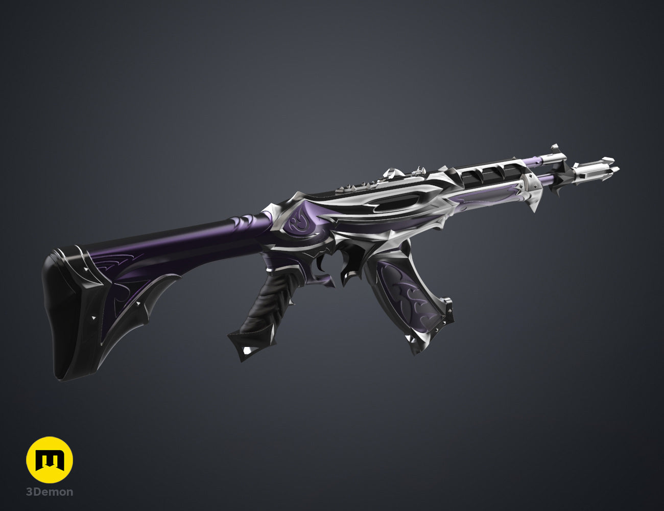 Textured 3D render of Reaver Vandal - Valorant, purple-black assault rifle with dual mags, 3D print cosplay prop.
