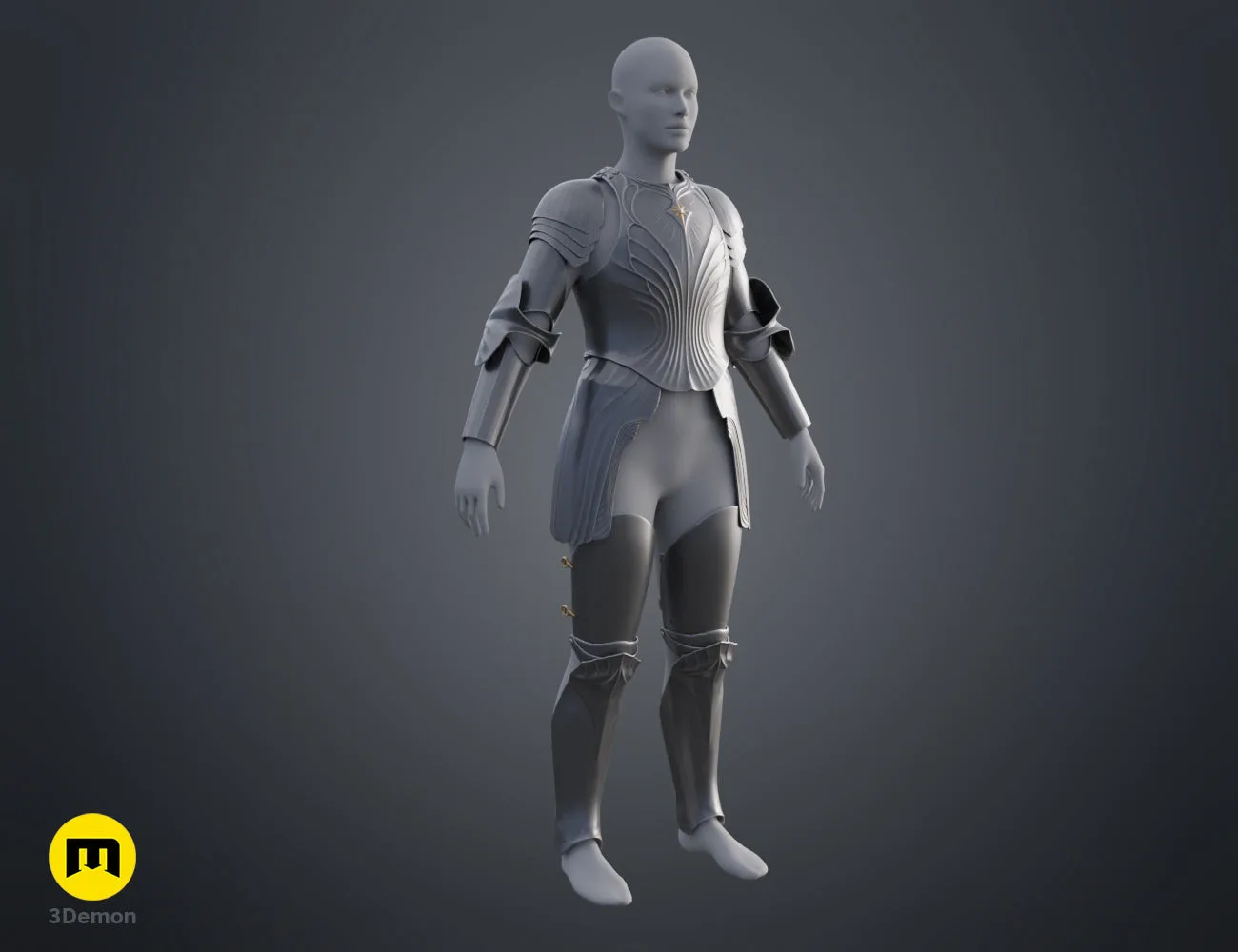 Digital 3D render of Galadriel Armor - Rings of Power STL, sleek grey metallic cosplay prop.