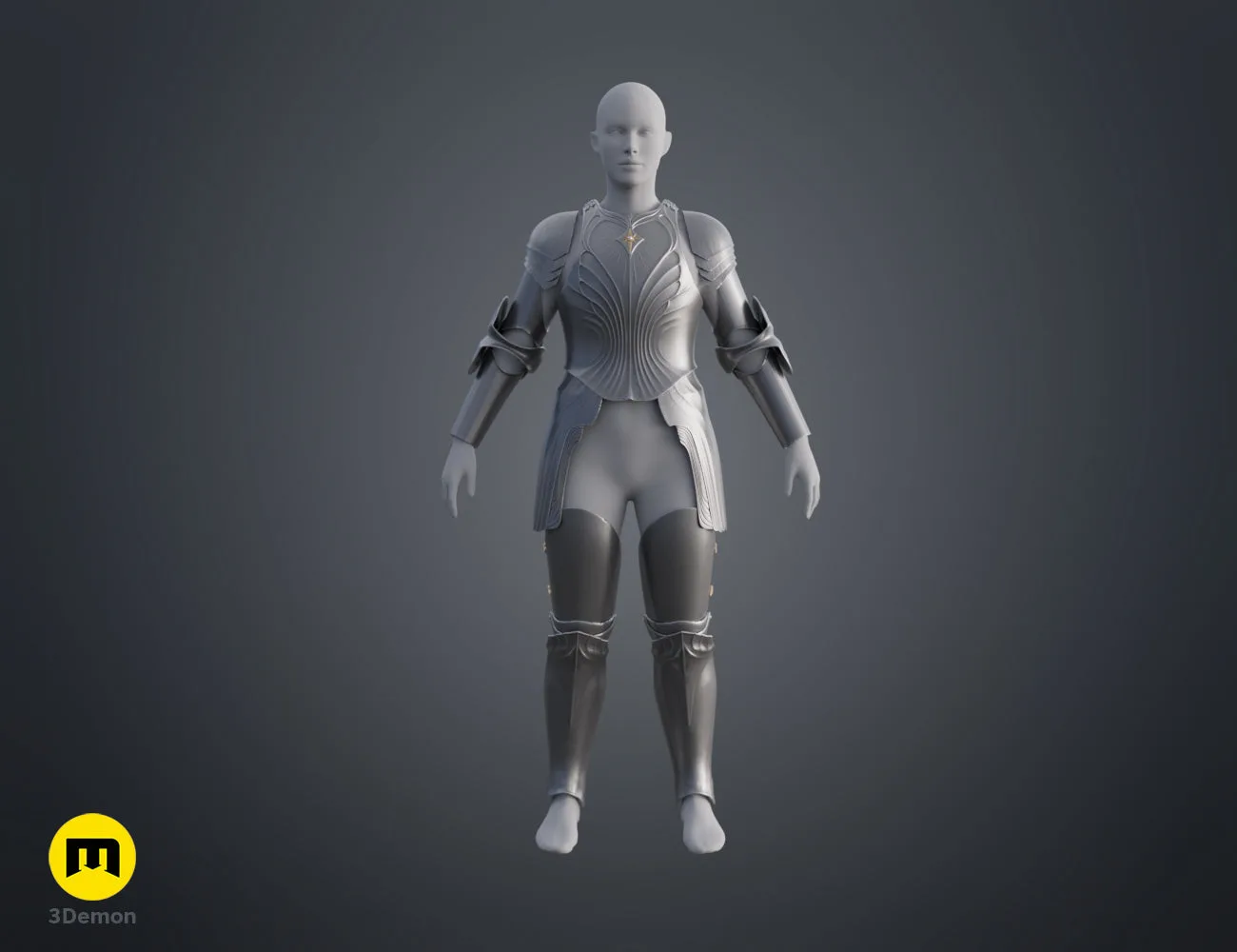 Printable 3D model of Galadriel Armor - Rings of Power, silver metallic chest, knee-high boots, 3D print cosplay.