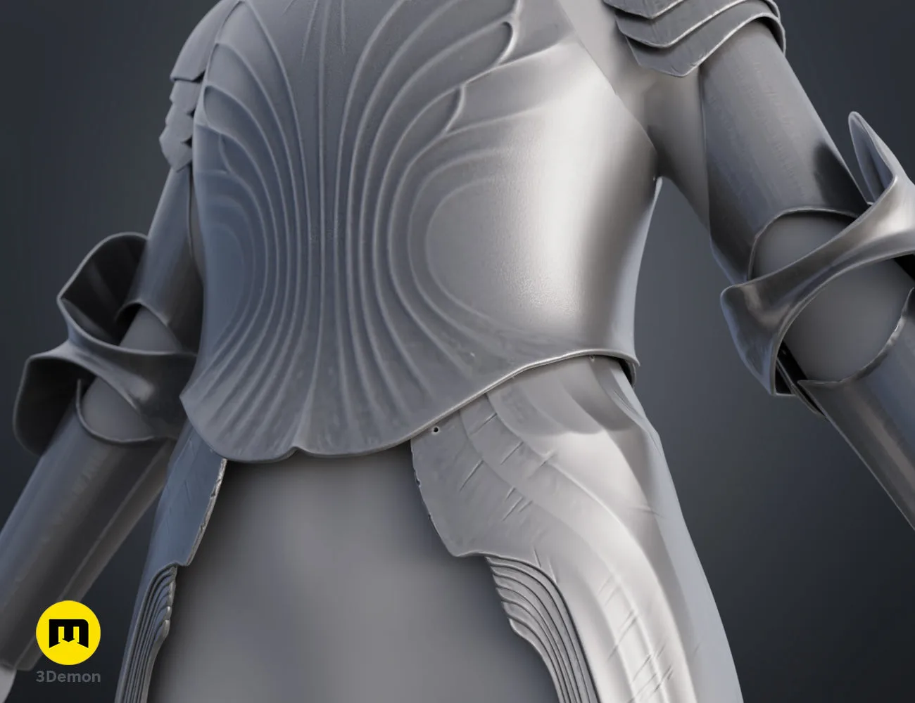 Digital 3D render of Galadriel Armor - Rings of Power, silver textured shoulder pauldron with intricate curves.