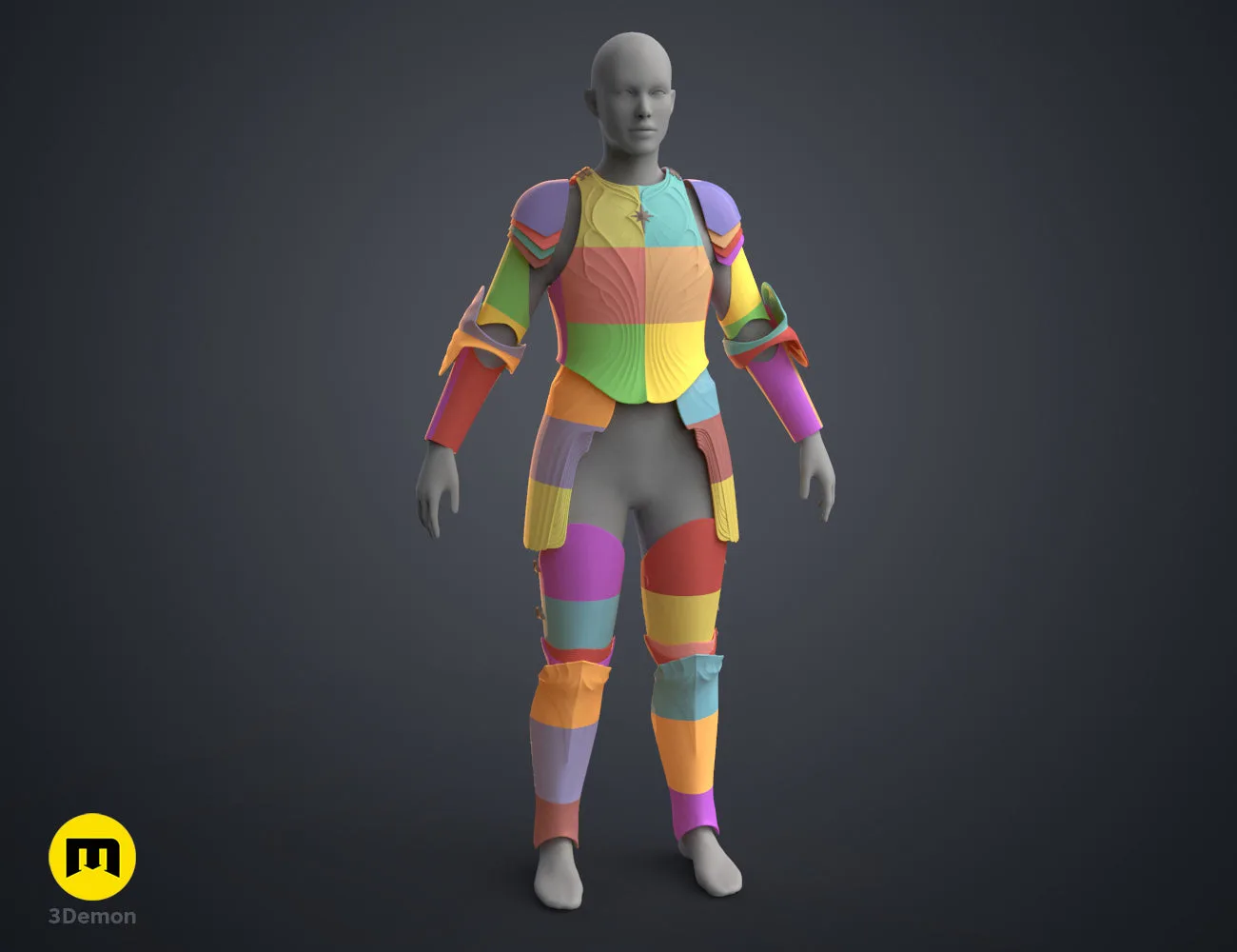Digital 3D render of Galadriel Armor - Rings of Power STL, colorful segmented 3D printed cosplay suit.