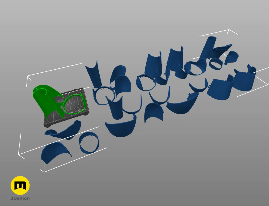 Disassembled parts of Galadriel Armor - Rings of Power, 12 blue interlocking ring segments, 3D print.