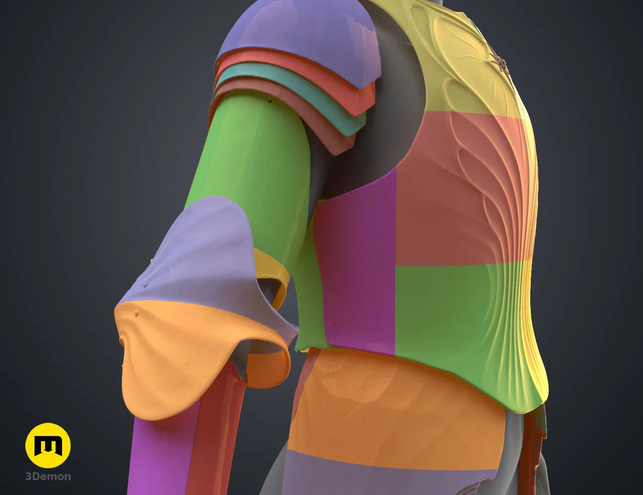 Digital 3D render of Galadriel Armor - Rings of Power, green/red/yellow segmented 3D print cosplay prop.