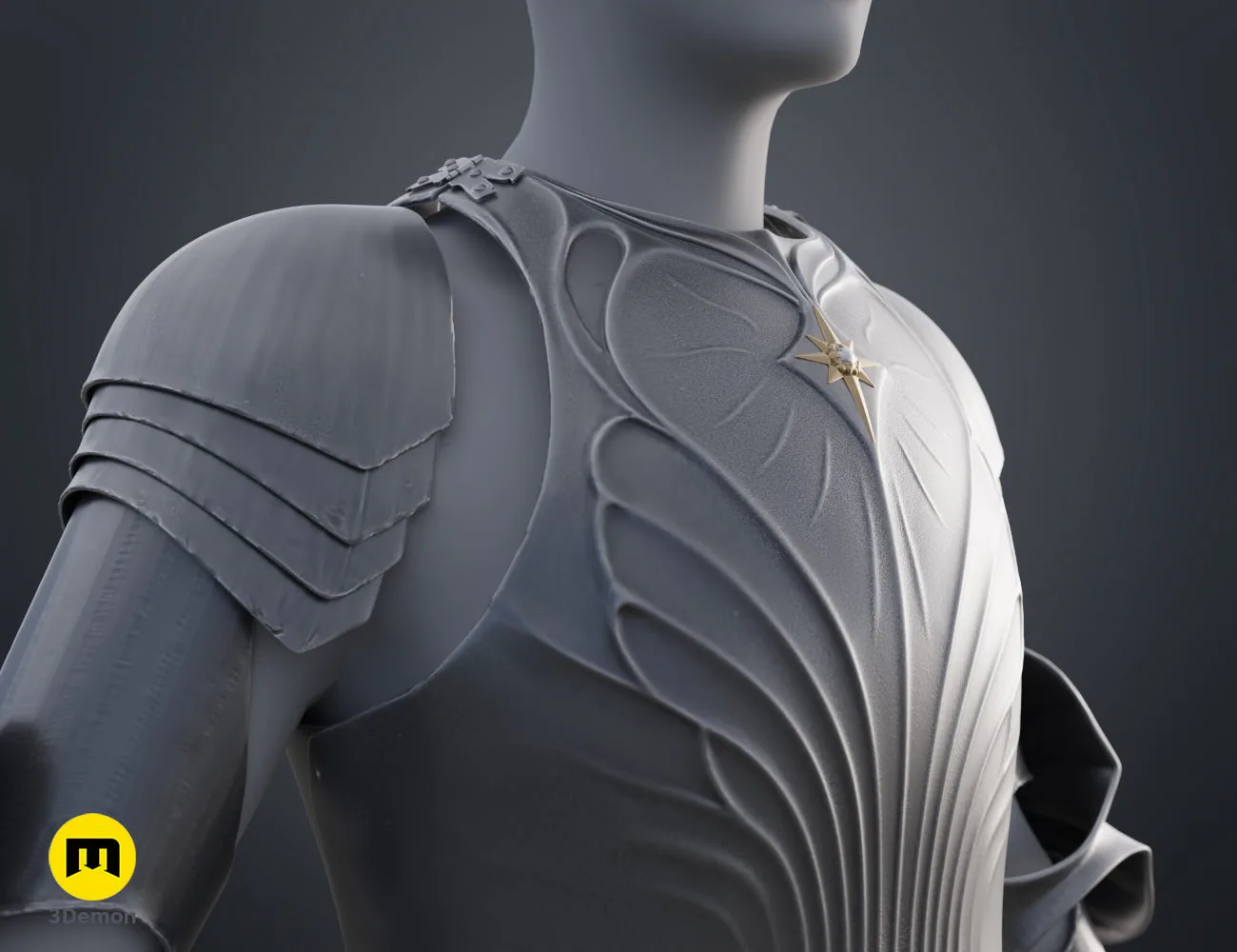 Printable 3D model of Galadriel Armor - Rings of Power, sleek grey shoulder pauldron with bat-wing design.