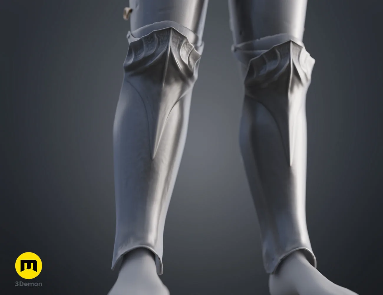 Digital 3D render of Galadriel Armor - Rings of Power, silver knee-high leg guards with articulated joints, 3D print.