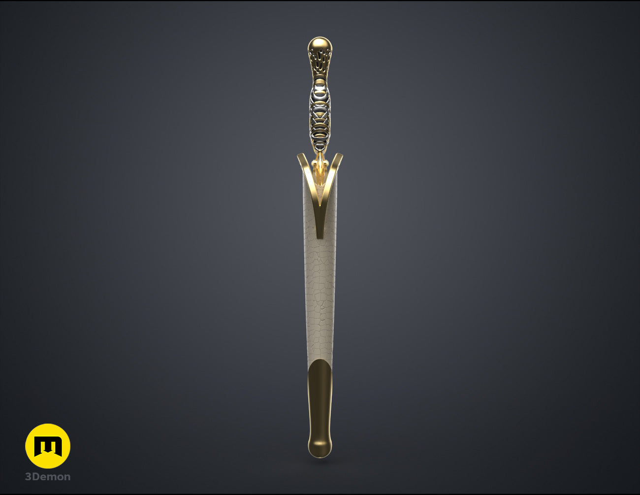 Wireframe mesh render of Galadriel's Dagger & Sheath - Rings of Power STL, alternate angle of the design