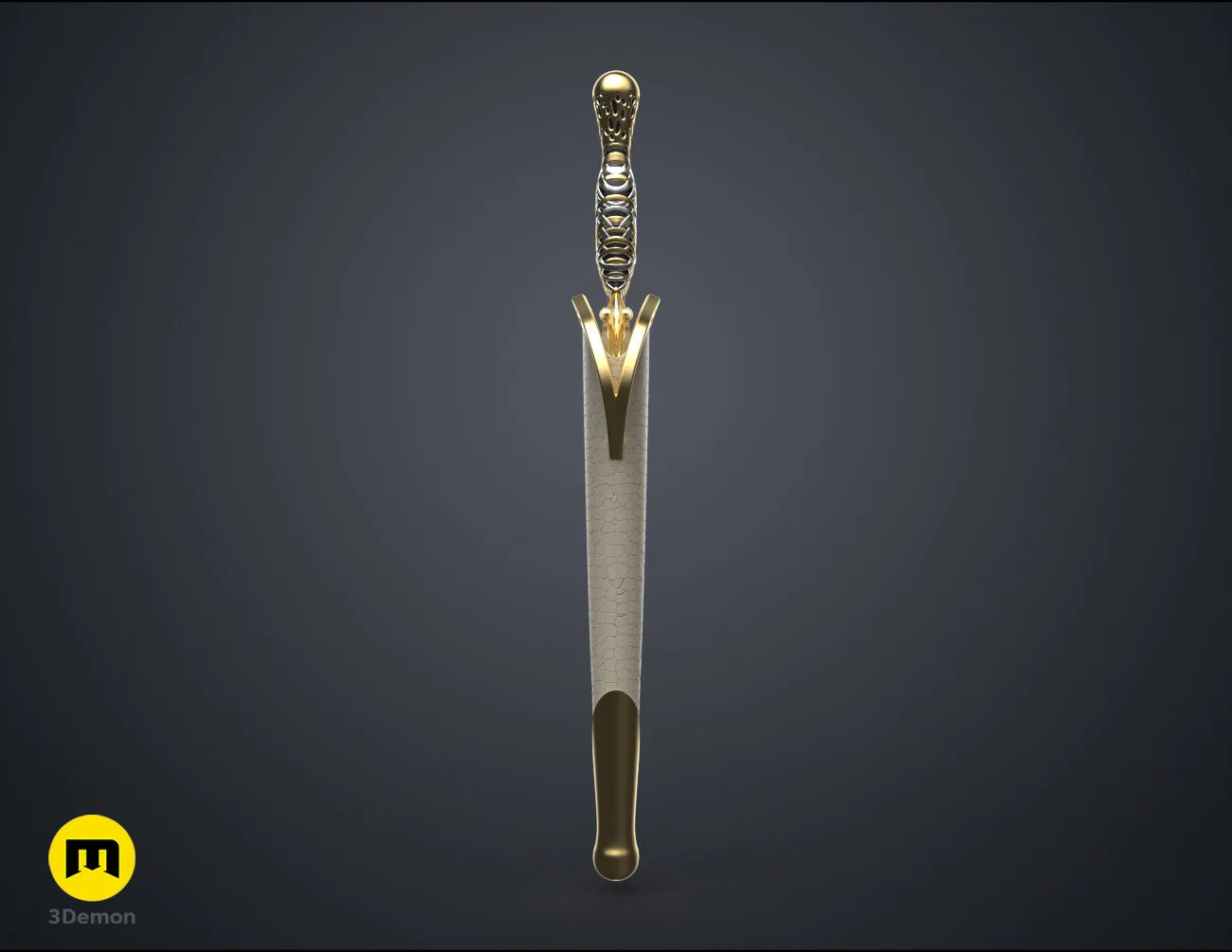 Wireframe mesh render of Galadriel's Dagger & Sheath - Rings of Power STL, alternate angle of the design