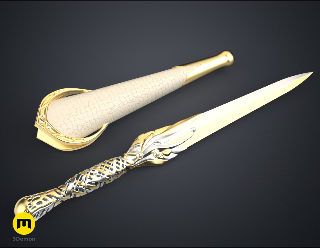 Printable 3D model of Galadriel's Dagger & Sheath - Rings of Power STL, three-quarter view of the design