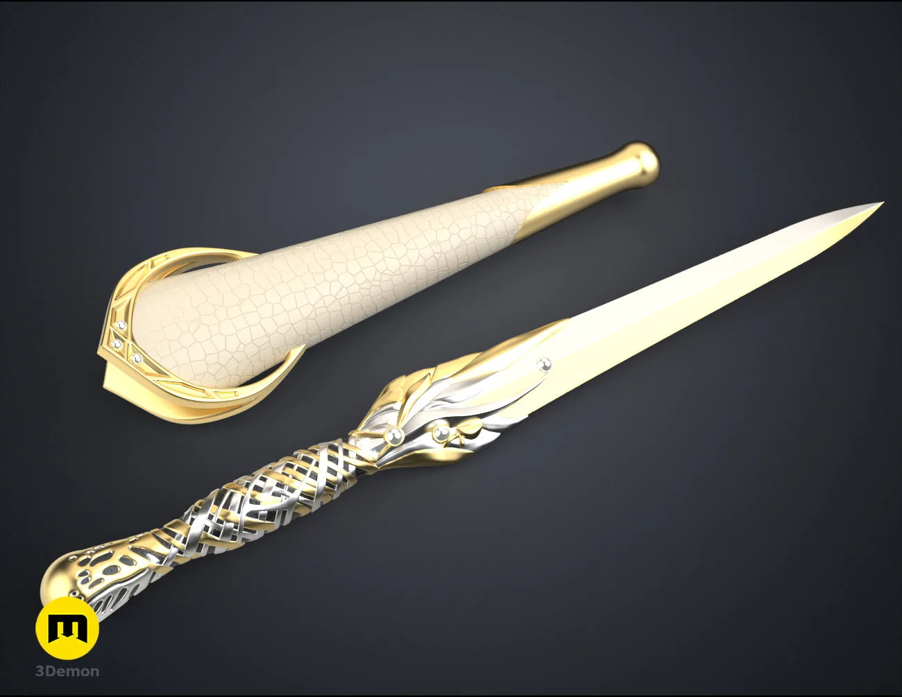 Printable 3D model of Galadriel's Dagger & Sheath - Rings of Power STL, three-quarter view of the design