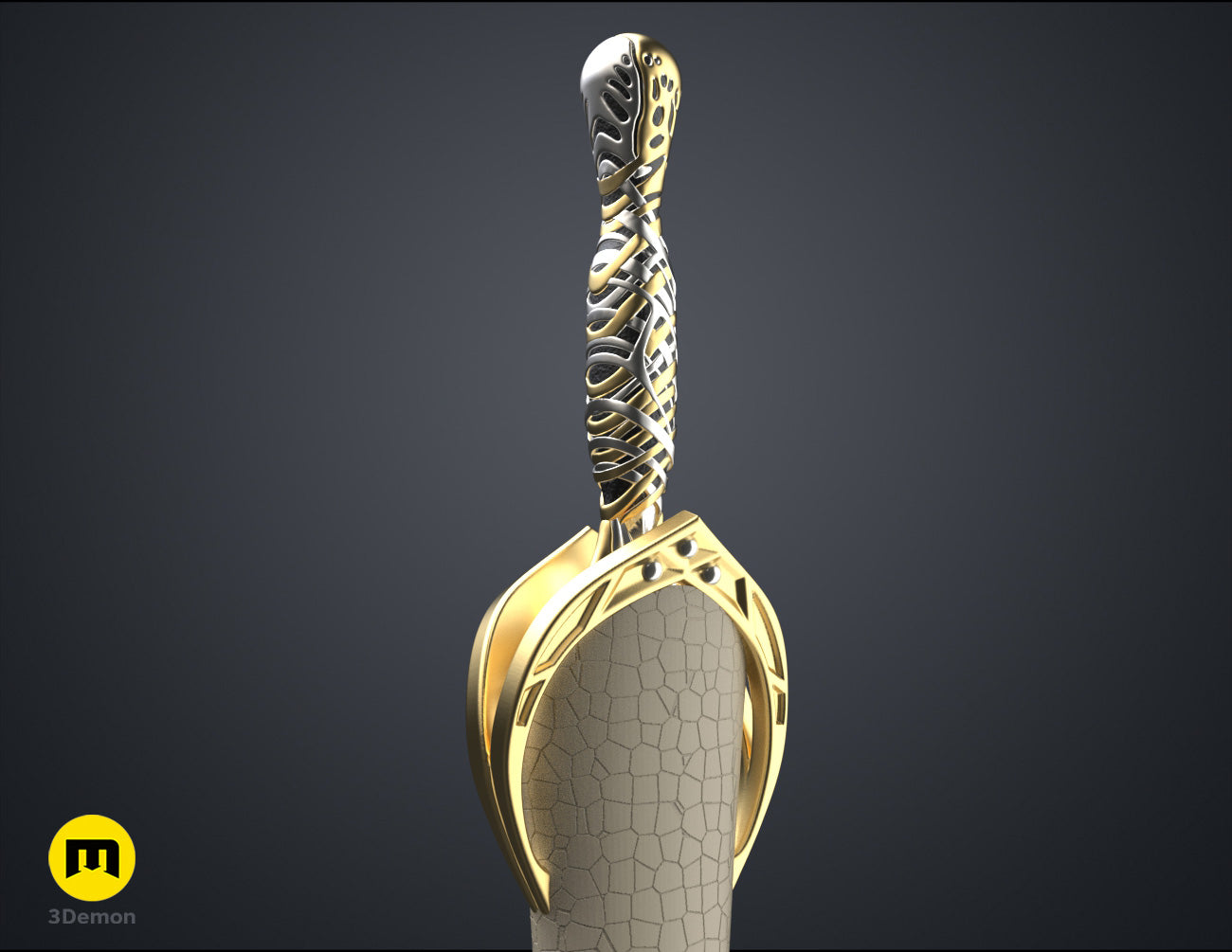 Wireframe mesh render of Galadriel's Dagger & Sheath - Rings of Power STL, alternate angle of the design