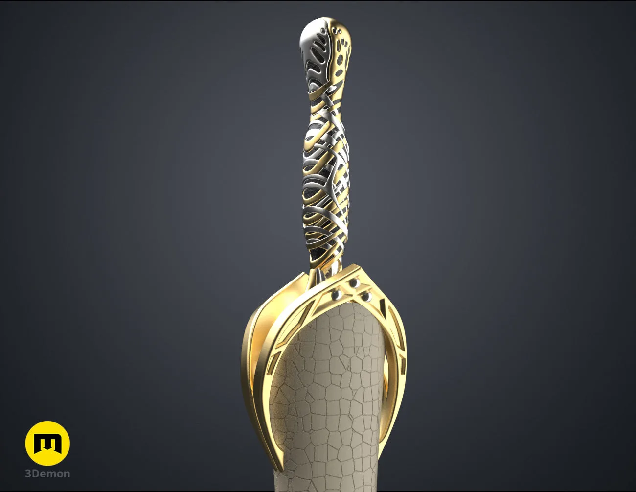 Wireframe mesh render of Galadriel's Dagger & Sheath - Rings of Power STL, alternate angle of the design