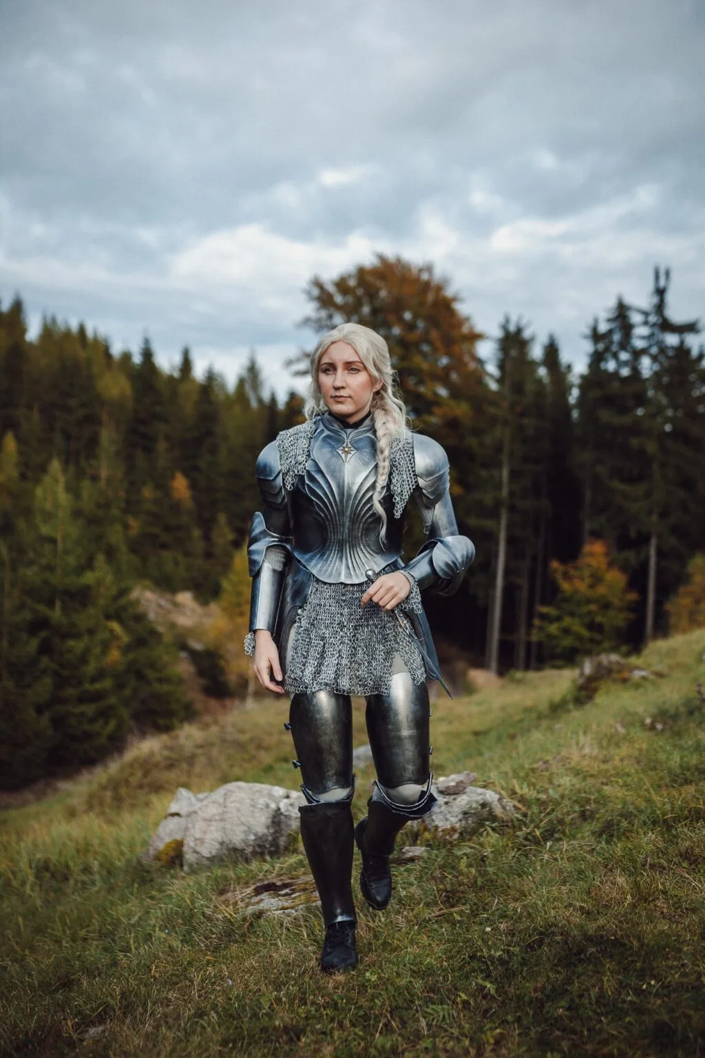 Lifestyle photo of 3D printed Galadriel Armor - Rings of Power, silver chainmail and plate cosplay prop.