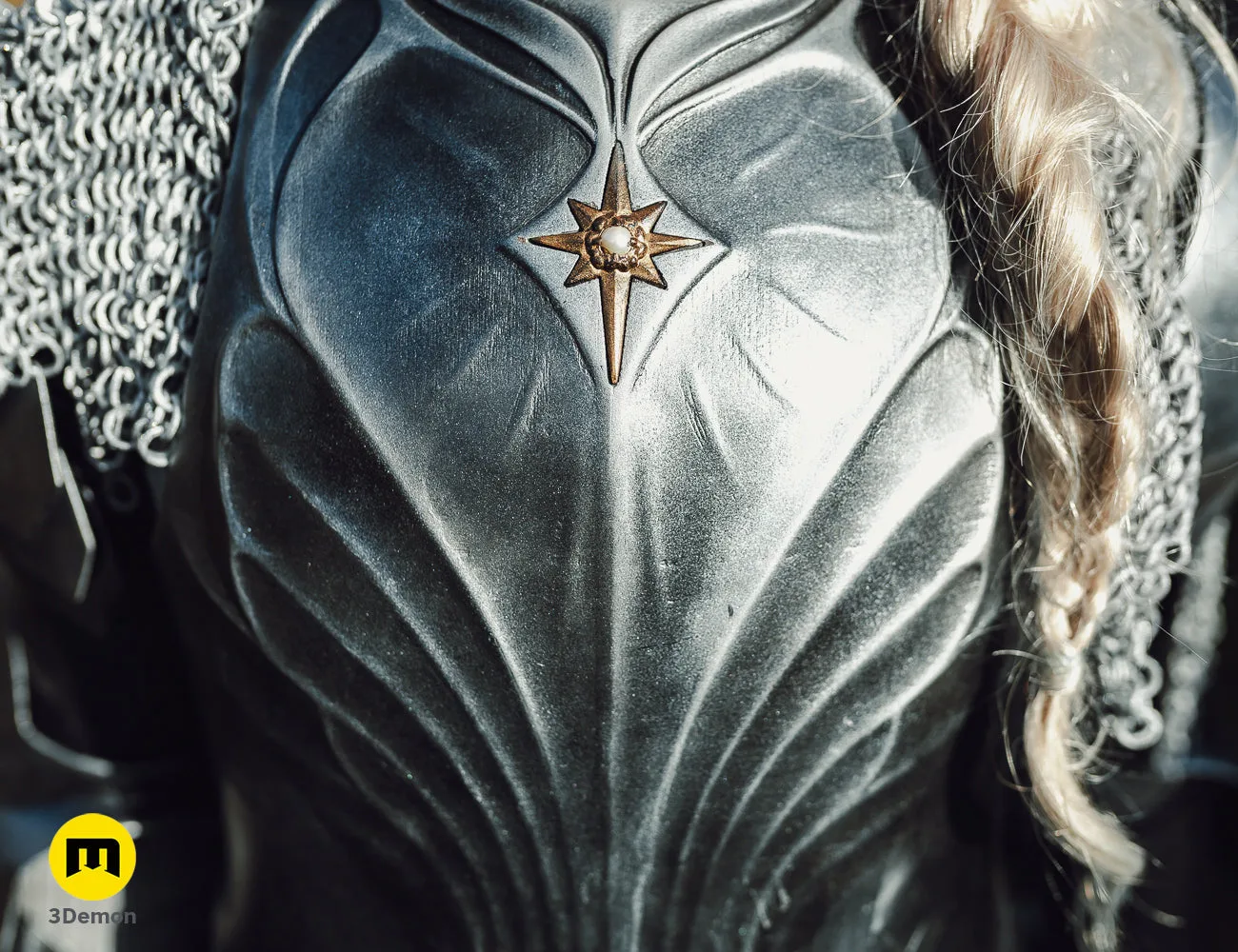 Painted 3D render of Galadriel Armor - Rings of Power, silver textured chest plate with star emblem, 3D print cosplay...