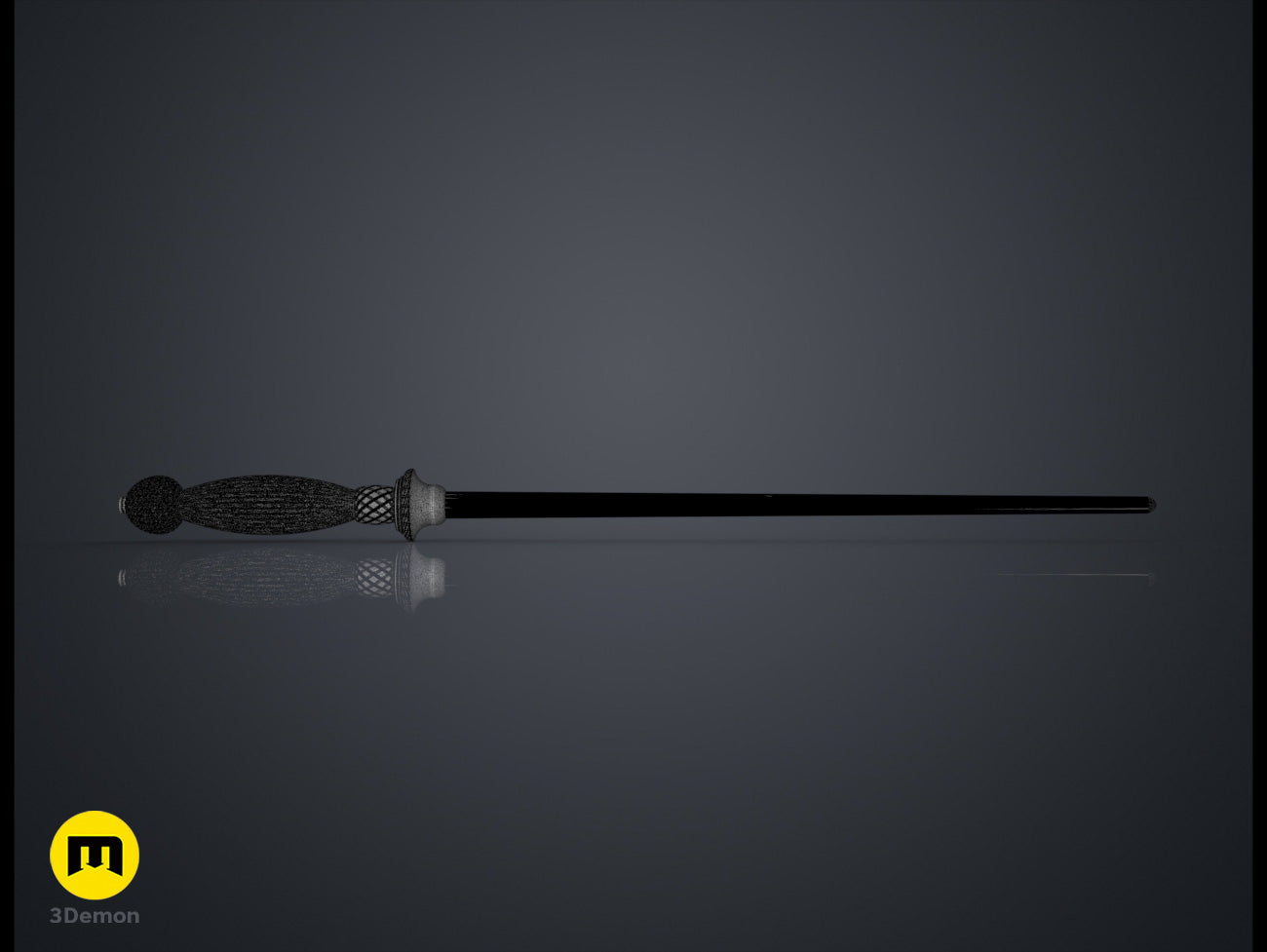 Digital 3D render of Gormlaith Gaunt’s Wand STL, black shaft with textured silver pommel, 3D print.