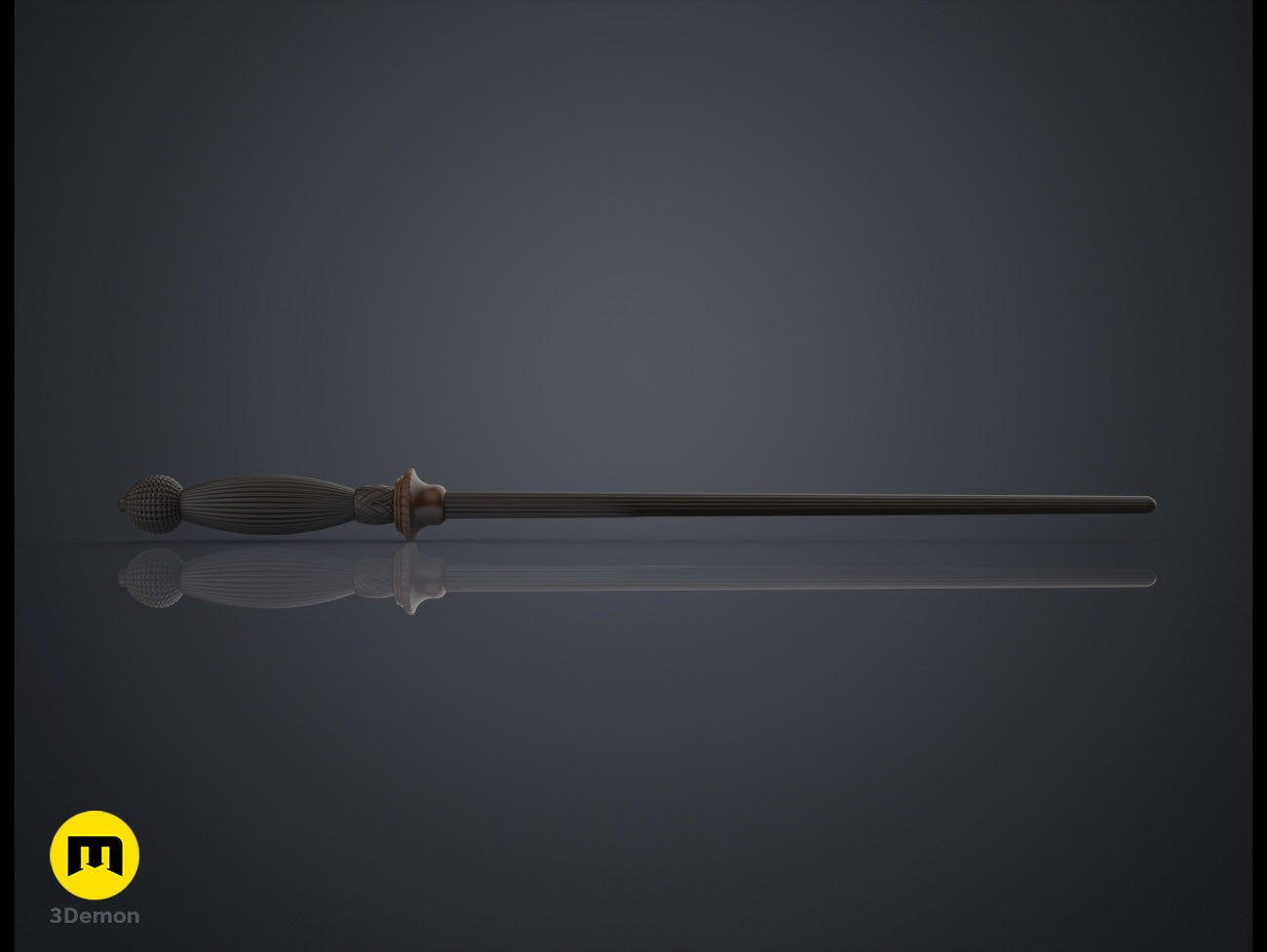 Digital 3D render of Gormlaith Gaunt’s Wand STL, ornate brass-colored handle with spiked tip, 3D print.