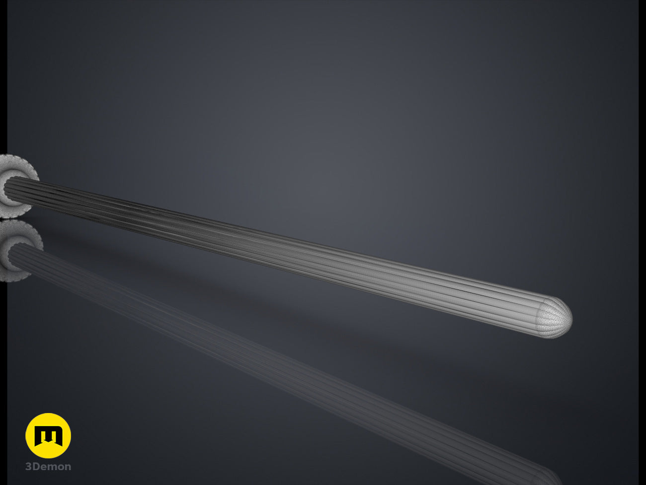 Digital 3D render of Gormlaith Gaunt’s Wand STL, sleek silver wand with glowing tip, 3D print.