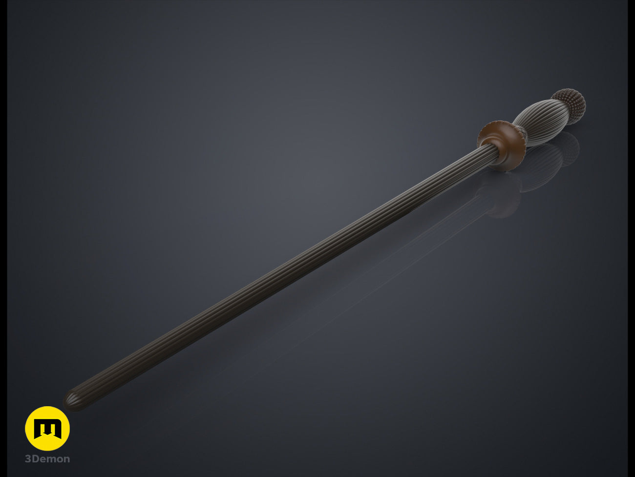 Printable 3D model of Gormlaith Gaunt’s Wand, dark metallic shaft with ornate silver tip, fantasy cosplay prop.