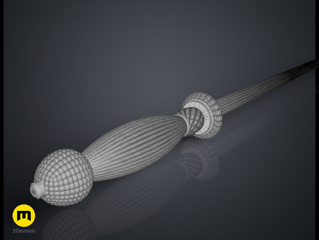 Printable 3D model of Gormlaith Gaunt’s Wand, silver textured wand with ribbed shaft and ornate head.