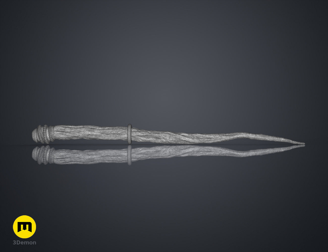 Textured 3D render of Robyn Thistlethwaite Wand, silver twisted wand with metal ring, cosplay prop STL.