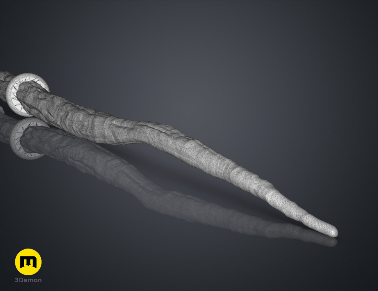 Digital 3D render of Robyn Thistlethwaite Wand STL, ornate silver hilt with curved blade, 3D print.