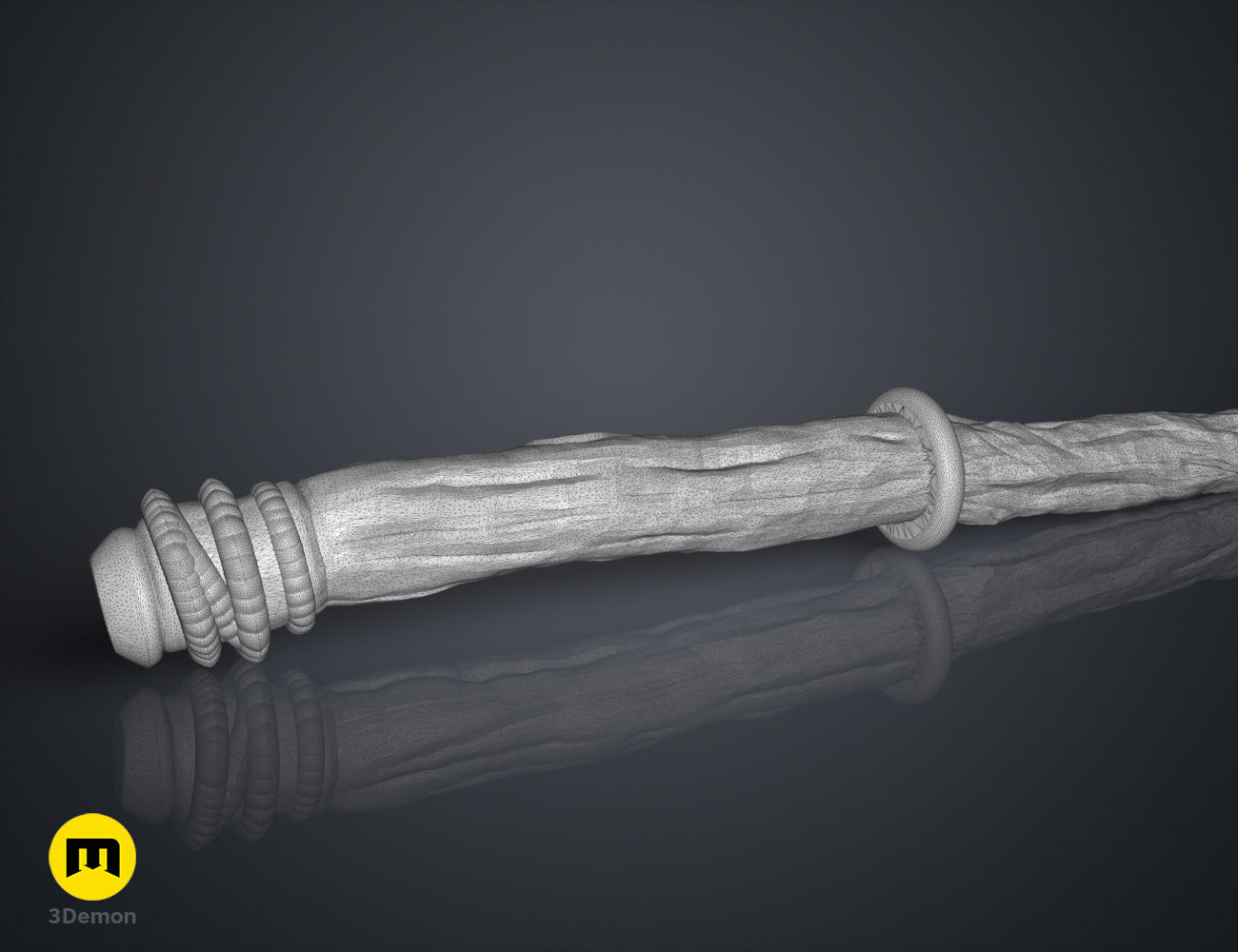 3D model render of Robyn Thistlethwaite Wand, twisted silver shaft with braided handle, printable STL.