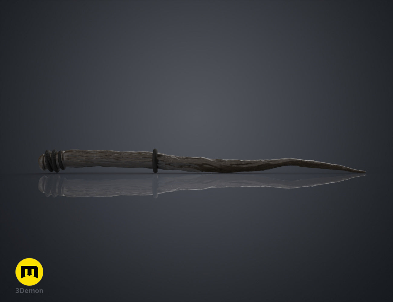 Textured 3D render of Robyn Thistlethwaite Wand, wooden-grain handle, silver tip, 3D printed cosplay prop.