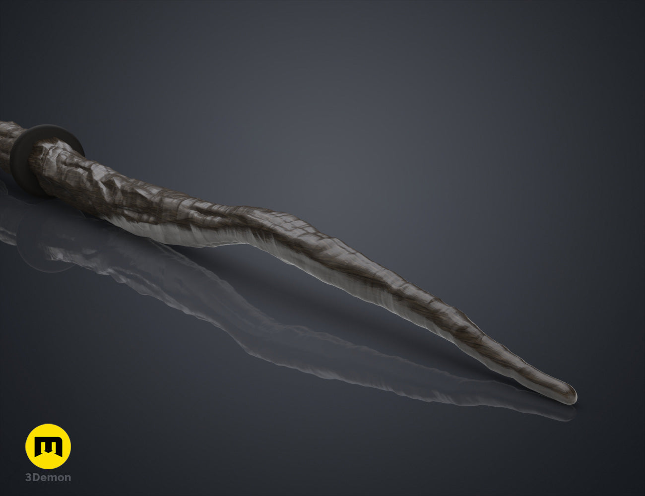 Printable 3D model of Robyn Thistlethwaite Wand, twisted silver wand with dark tip, fantasy prop.