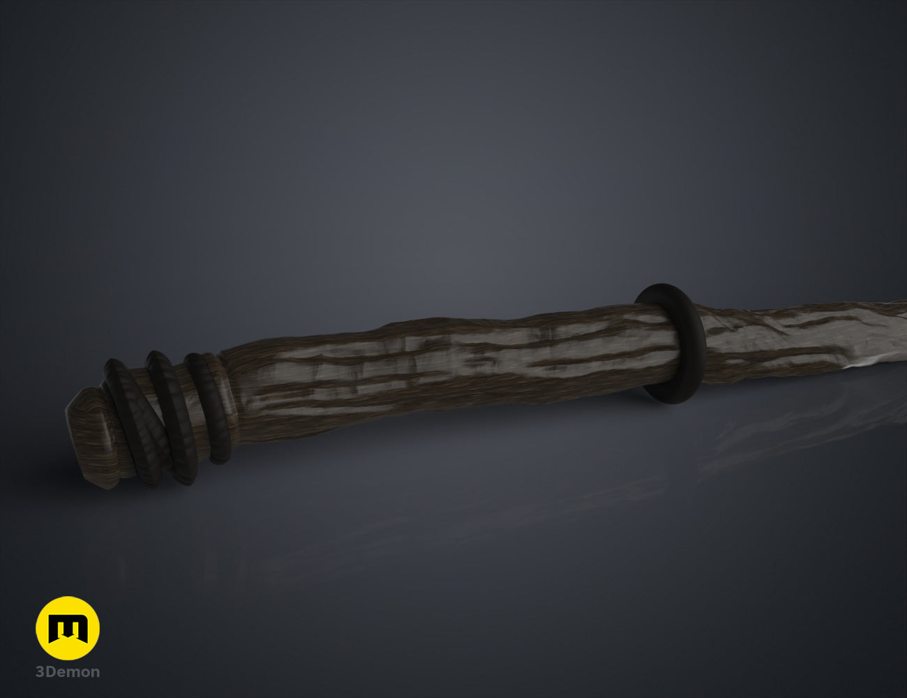 Textured 3D render of Robyn Thistlethwaite Wand, wooden-grain hilt with metal tip, 3D print cosplay prop.