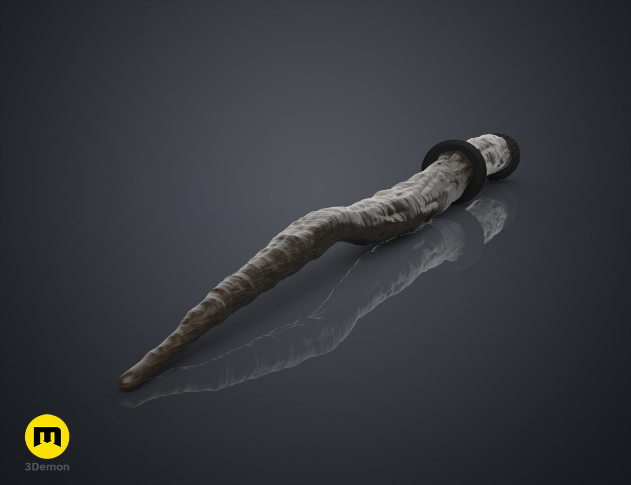 Textured 3D render of Robyn Thistlethwaite Wand, dark wood-grain hilt, pointed tip, fantasy 3D print.