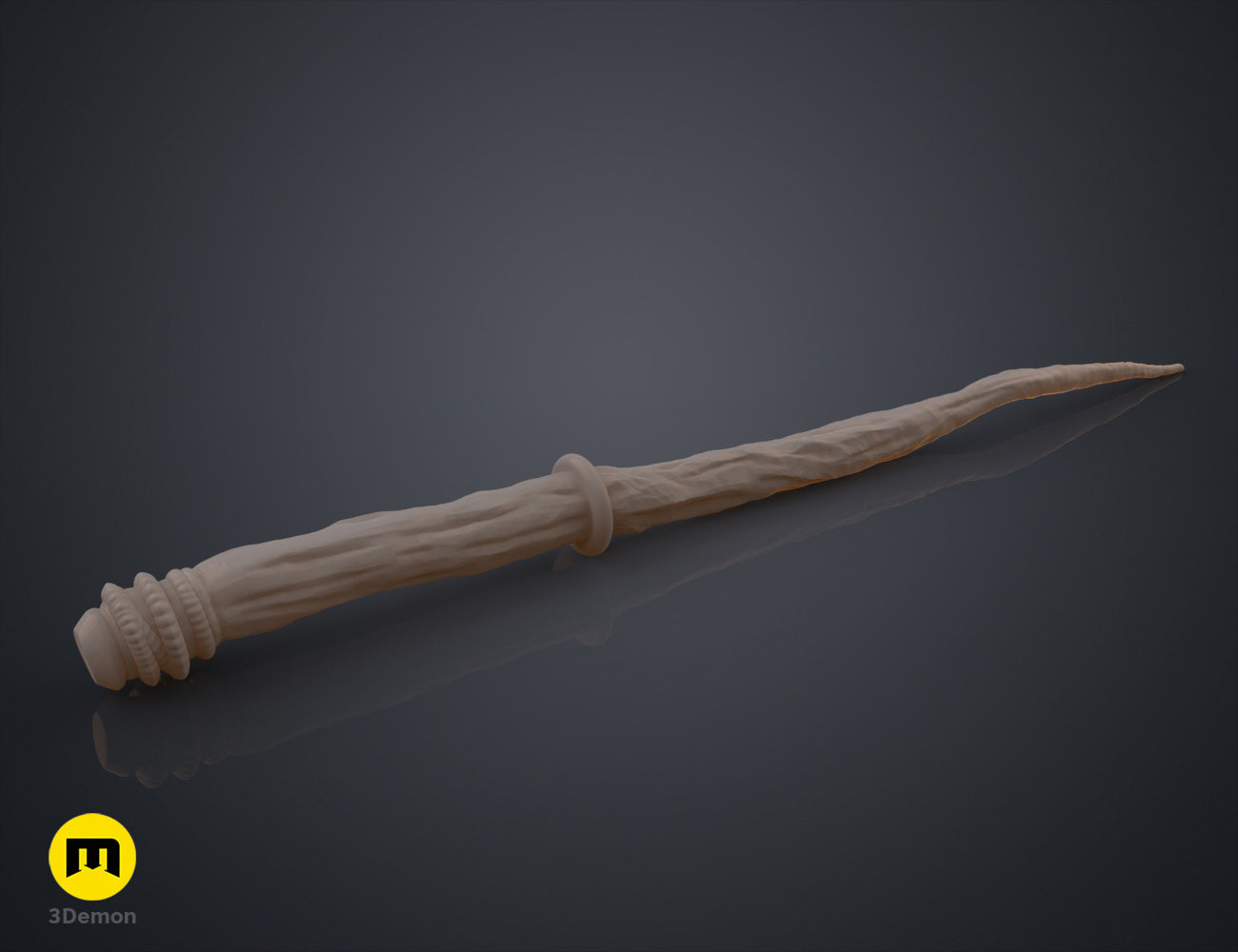 Textured 3D render of Robyn Thistlethwaite Wand, wooden-grain hilt, spiral carvings, pointed tip, 3D print cosplay prop.